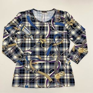 J McLaughlin Blue Equestrian Belts Chain Top Shirt S Horse Bit Plaid Horn